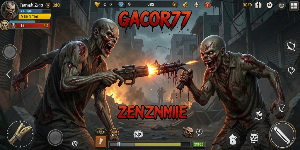 Tampilan antarmuka GACOR77 saat menembak zombie yang menyerang.